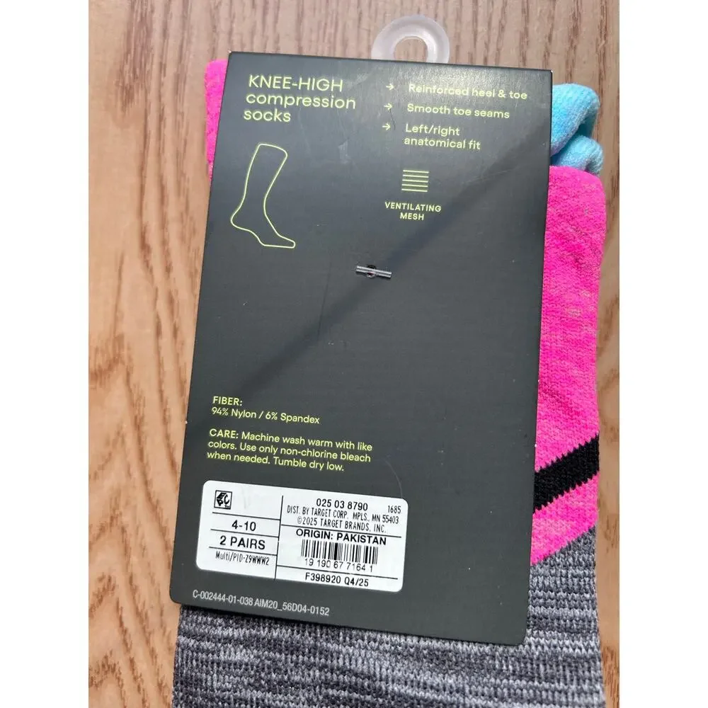 New Unisex All in Motion 2 Pairs Compression Knee High Socks Shoe size 4-10